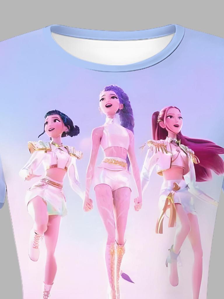 K-Pop Demon Hunter Girls' Bell-Bottom Pants Set - Comfortable Short-Sleeve and Long Pants for Spring/Autumn.