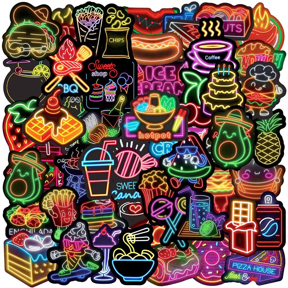 10/30/50pcs Neon Style Delicious Food Stickers Aesthetic Decals DIY Stationery Journal Laptop Cute Cartoon Graffiti Sticker Toy
