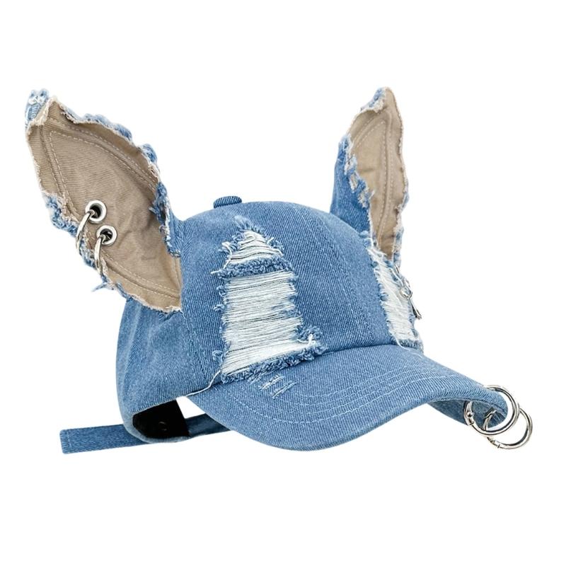 

Distressed Baseball Hat Fabric Metal Rings Unique Dog Ear Sun Hat Punk Headwear