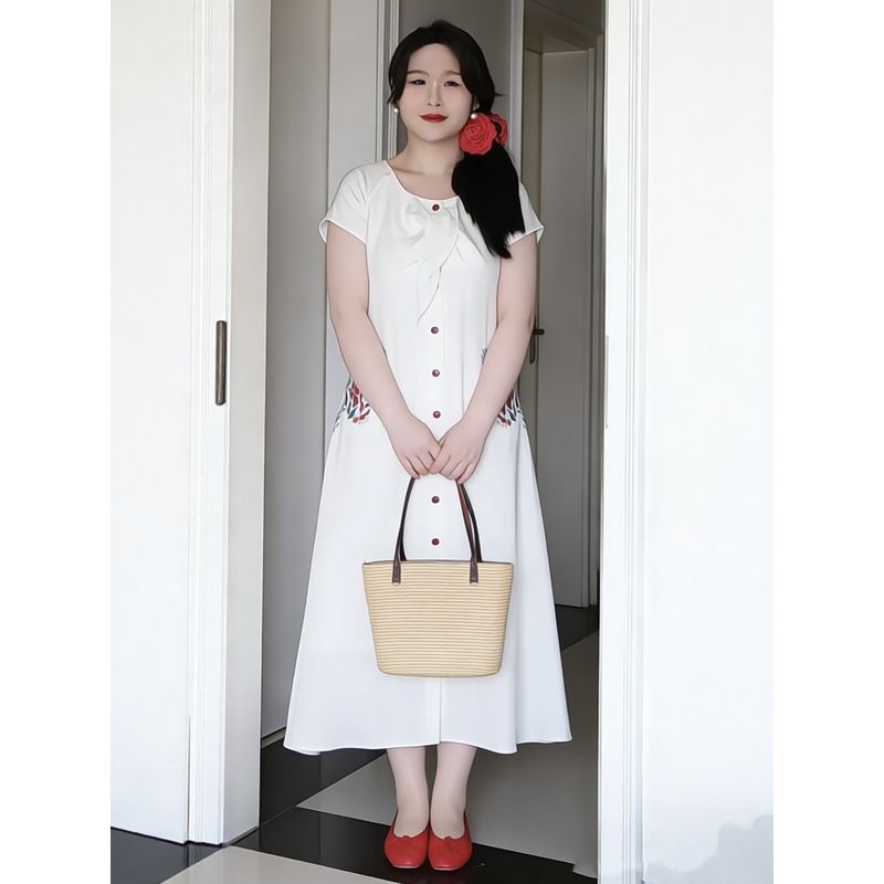 Plus-Size Women's Fashion Korean-Style Design Single-Breasted Embroidered Dress 2026 Summer Stylish Slimming Dress