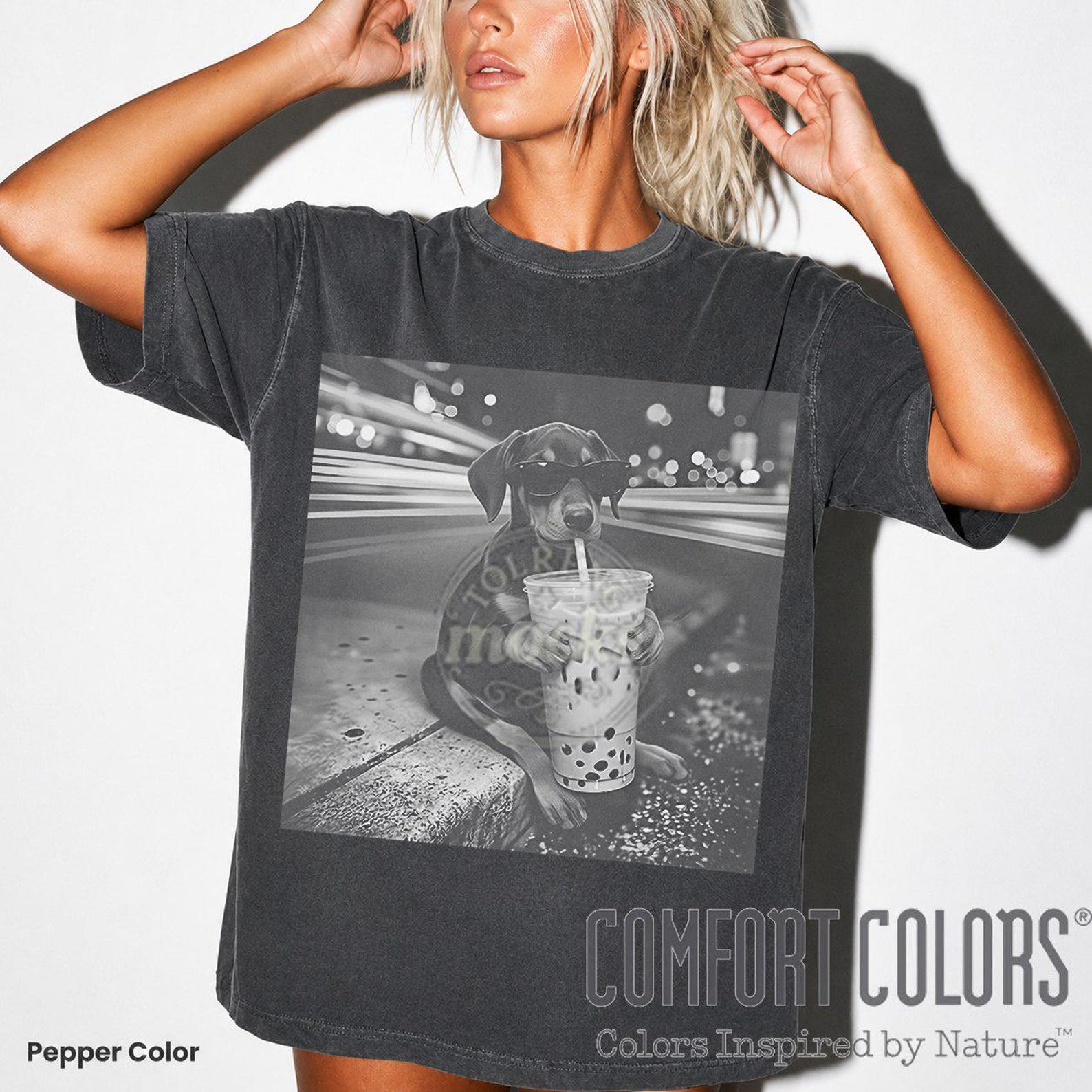 Doberman Drinking Iced Coffee Shirt, Funny Animal Meme Tee, Coffee Lover Dog Shirt, Comfort Colors T-Shirt, Unisex Graphic T-Shirt ID M