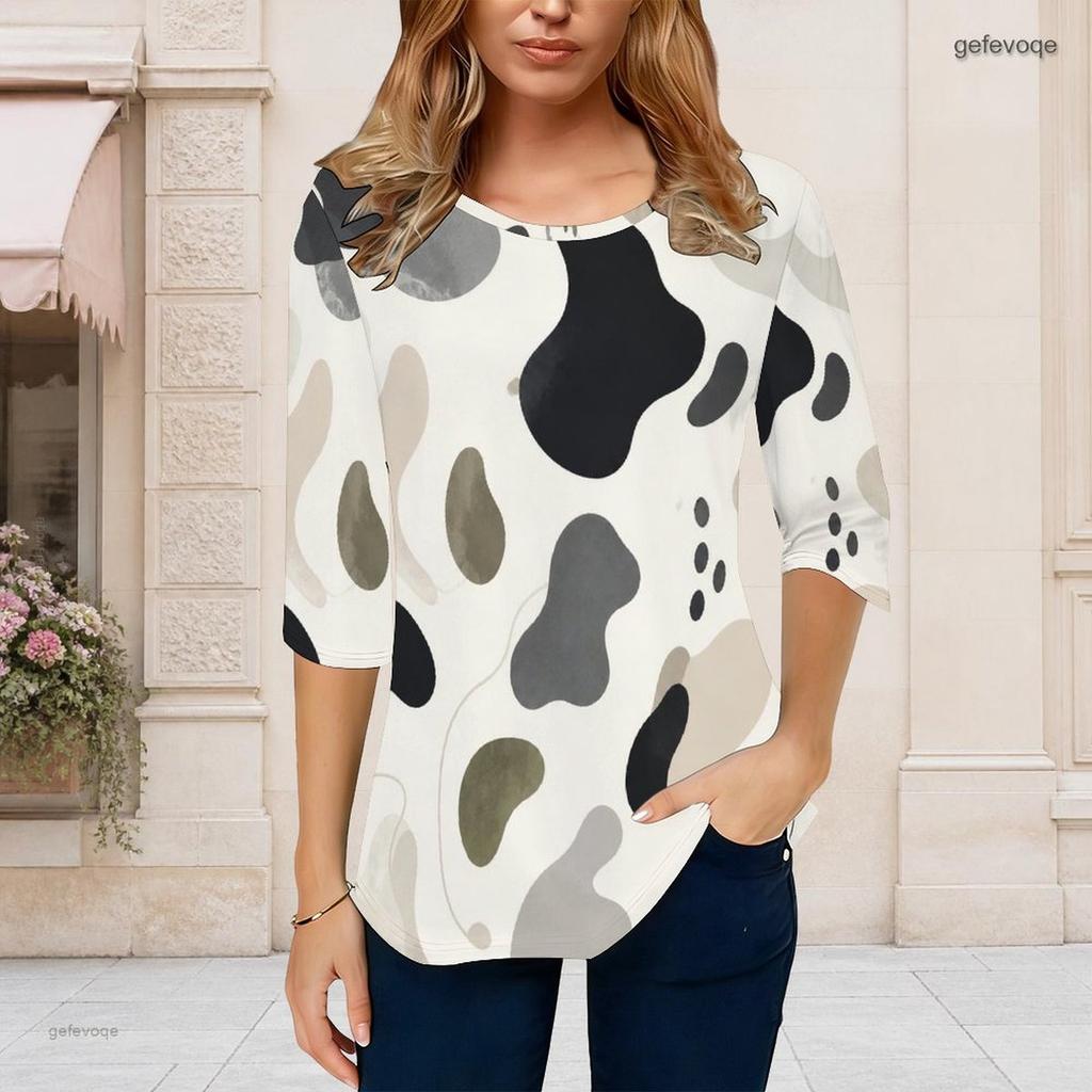 Women Plus Size Round Neck 3 4 Sleeve Abstract Printed T Shirt Curved Hem Casual Top