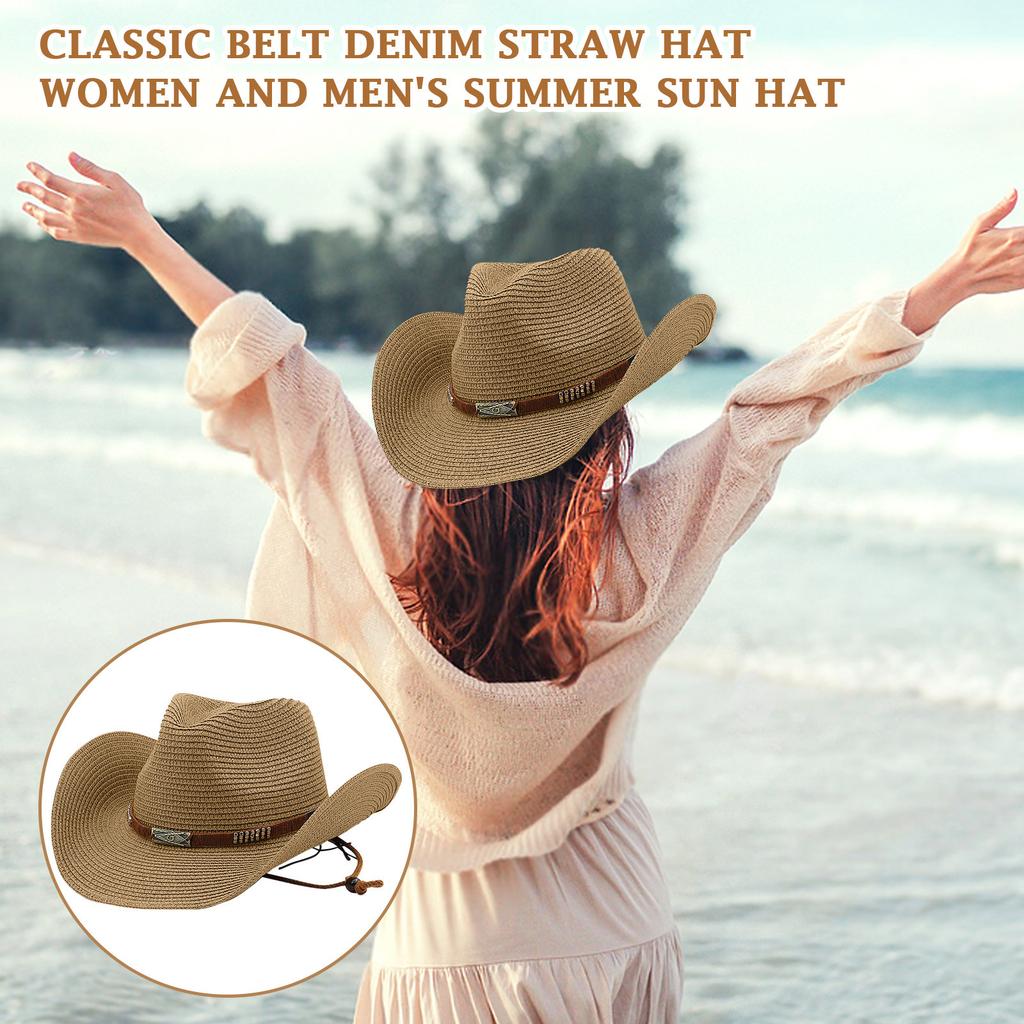 Classic Belt Denim Hat For Women And Men, Summer Sun Hat With Rolled, Western Denim Hat, Sun Hat