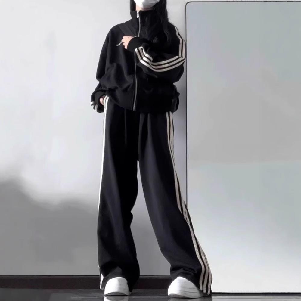 Women's Autumn Campus Casual Set: Three-Stripe Zip-Up Jacket and Sweatpants