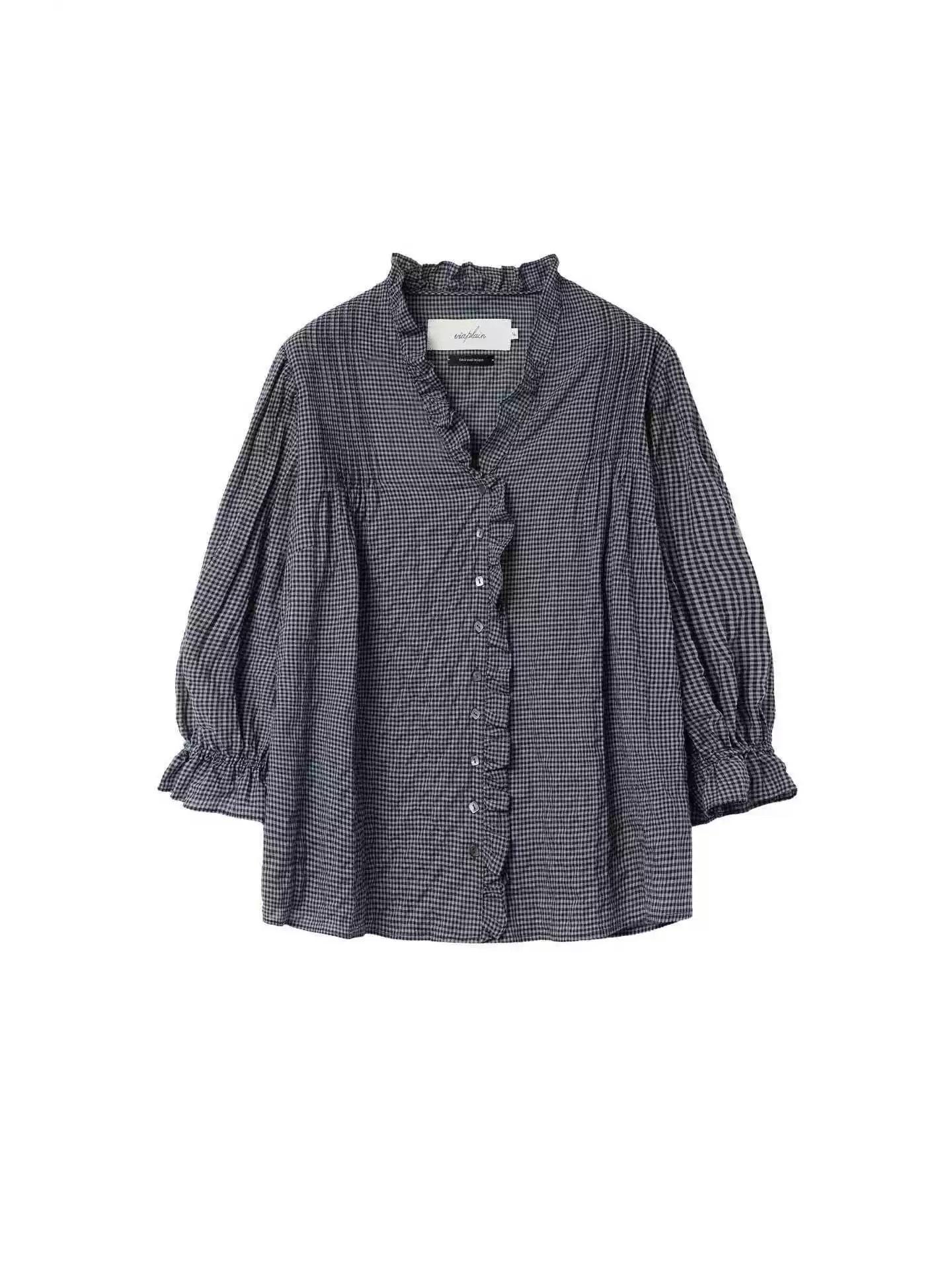 Viaplin Ruffled V-Neck Pleated Lace Plaid Shirt - Korean Designer Women s Fashion One Size