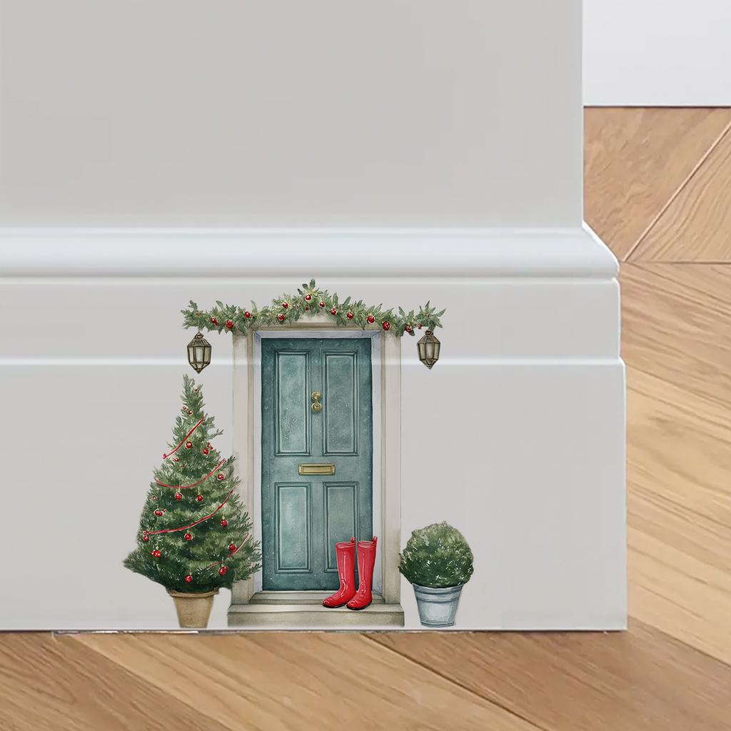 Cartoon Christmas Tree Door Wall Stickers, Christmas Room Decoration Wall Stickers