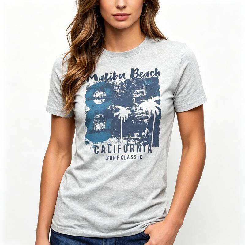 Malibu Beach California Graphic T Shirt Cute Palm Tree Print Tee Unisex Unisex Soft Cotton Crew Neck Short Sleeve Trendy Streetwear