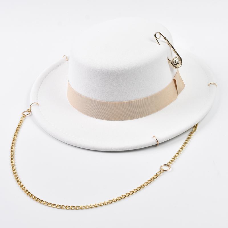 Cappello Fedora Design alla Moda per Donne Autunno Inverno Decorazione con Catena Metallica Cappello Jazz Party Cappellini da Chiesa