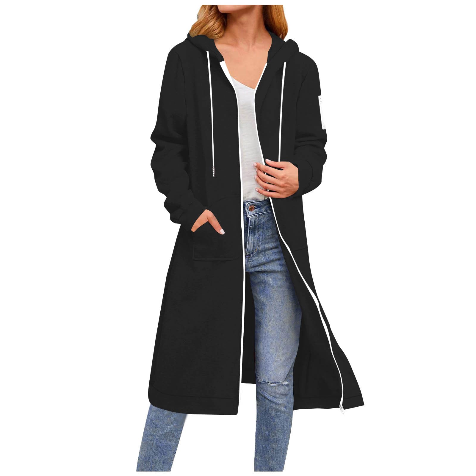 

Women s Fashion Solid Color Long Sleeve Hooded Pocket Zippered Long Sweatshirt Jacket L чёрный
