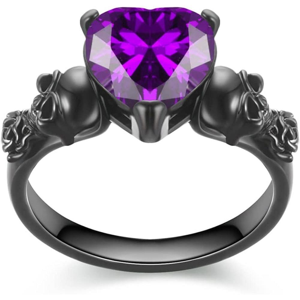 Gothic Skull Black Rose Flower Rings Women Purple Red Heart Crystal Valentine's Day Anniversary Engagement Mother's Day Jewelry