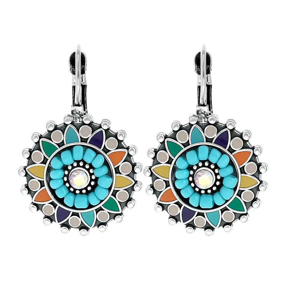 Vintage Ethnic Colorful Drop Oil Flower Round Earrings for Women Boho Elegant Rice Wooden Beads Dangle Earrings Jewelry Gift