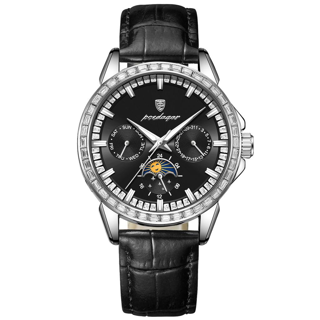 Herren-Quarzuhr mit Diamantenbesatz, Drei-Augen-Sechs-Zeiger-Mondphasen-Zifferblatt, Wasserdichte Herrenuhr mit Leuchtzeigern für Business und Freizeit, Geschenk für die Feiertage