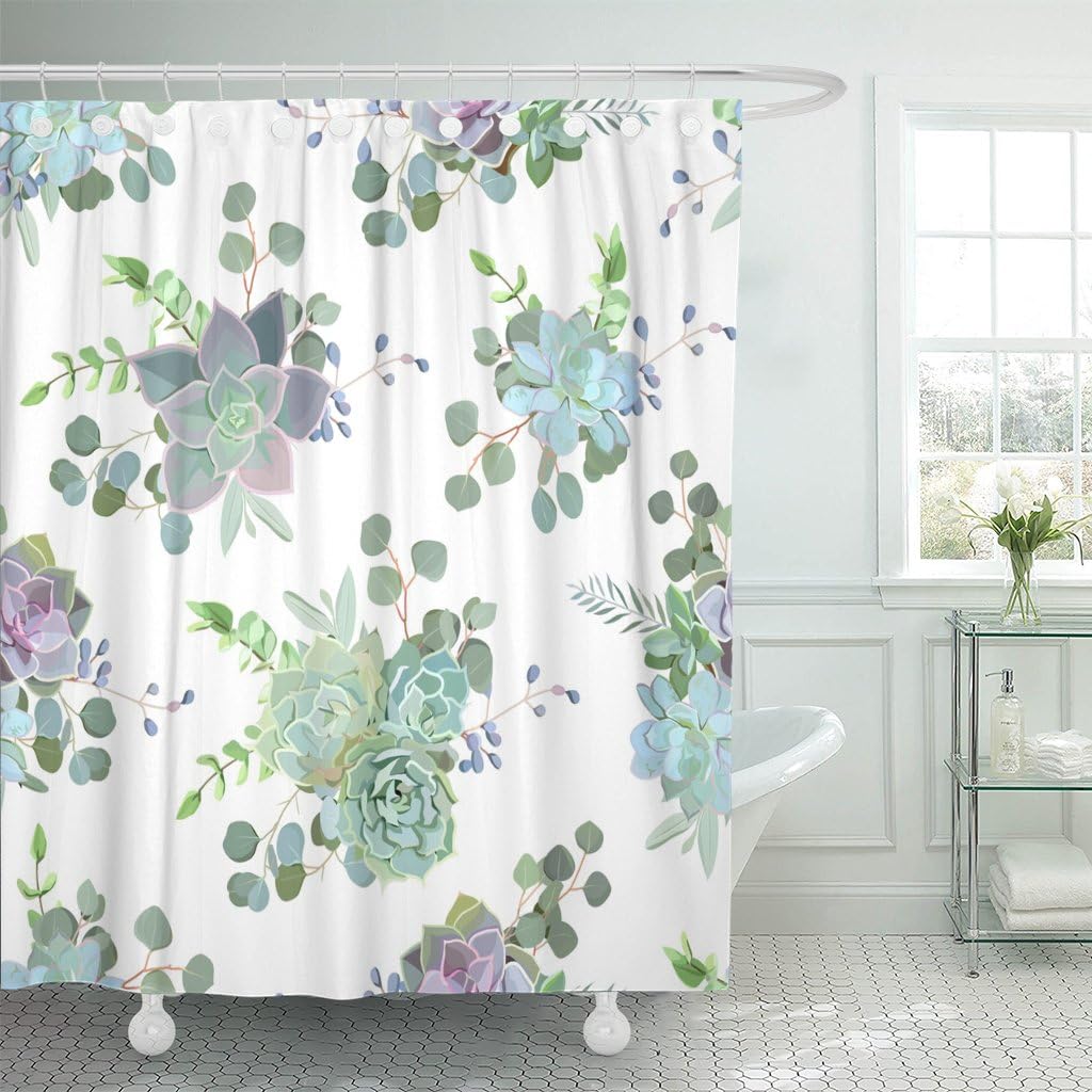 Shower Curtain Flower Green Colorful Succulent Echeveria Natural Cactus In Modern Waterproof Polyester Fabric Set with Hooks