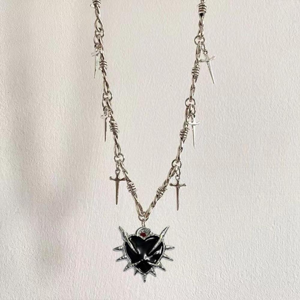 Yk2 Subculture Sliver Color Thorn Chain Sword Tassel Black Heart-shaped Pendant Necklace for Women Men Hip-hop Street Jewelry