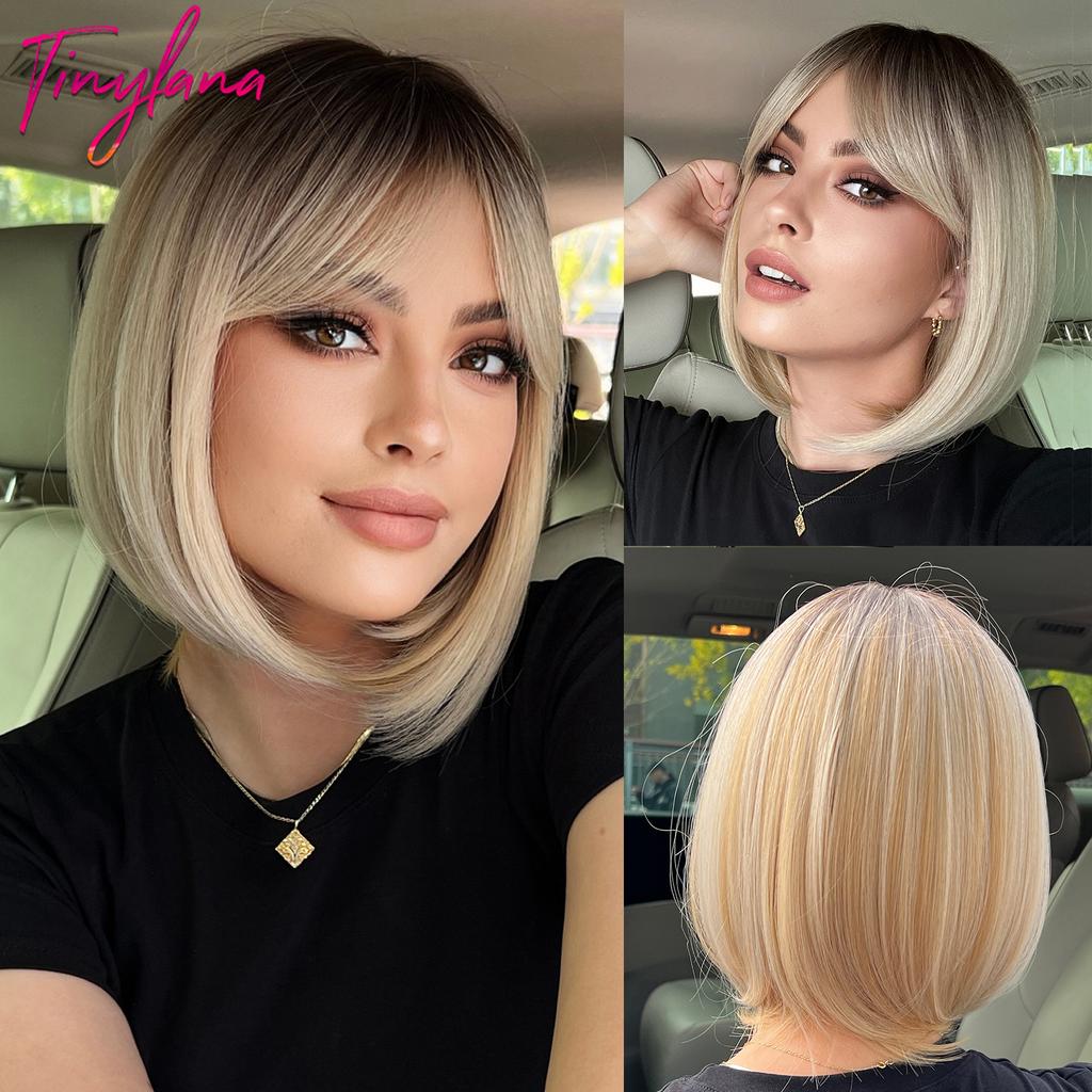 Bob Black Synthetic Wig with Bangs for Women Afro Short Dark Straight Wigs Cosplay Halloween Natural Hair Lolita Heat Resistant