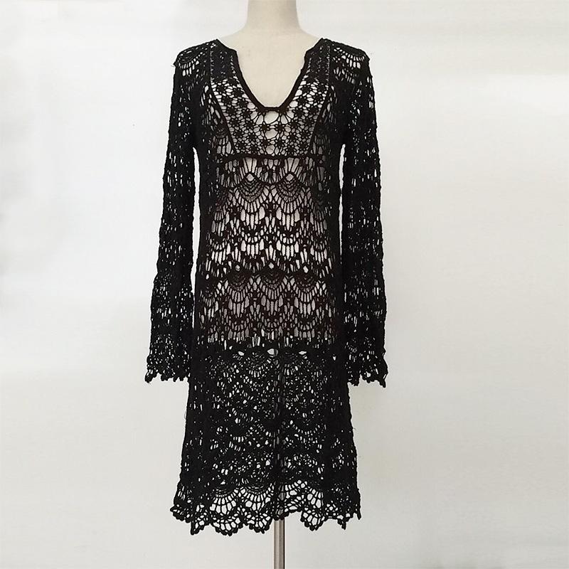 Long Hollow Crochet Seaside Holiday Beach Cover-up Jacket Swimsuit Cover-up Long Sleeve Sun Protection Women's Skirt