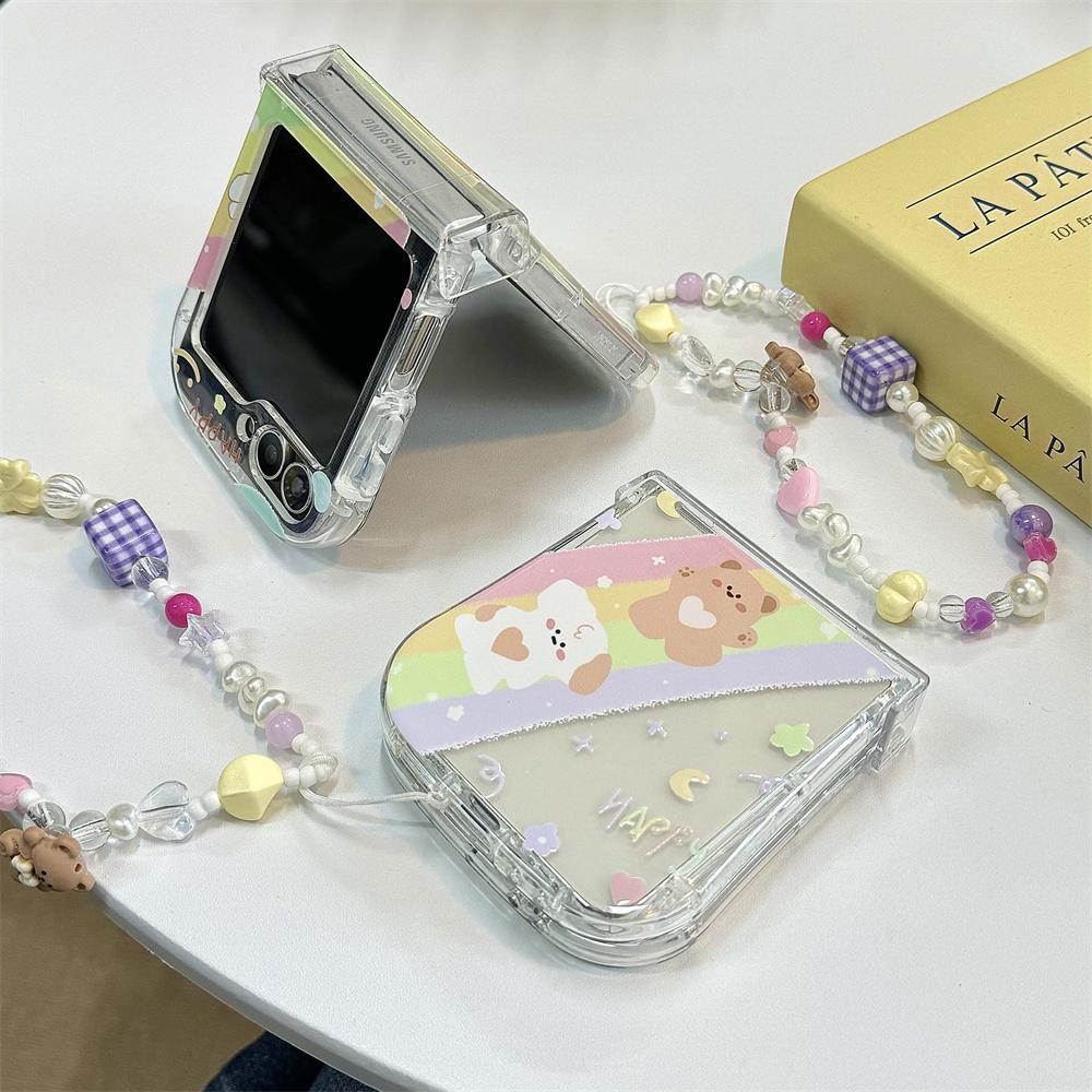 Braccialetto Orsetto Cartone Animato Carino Custodia Arcobaleno per Samsung Galaxy Z Flip 6 5 4 3 flip6 Catena da Polso con Perline Copertura Morbida in Silicone Antiurto