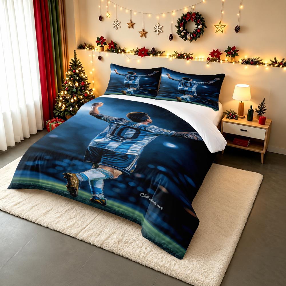 3 Piece Bedding Set 1 Duvet Cover 2 Pillowcases - Lionel Messi Argentina Back Celebration Night Print - Blue Black Soccer Decor for Fans