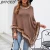 BITCED Knitted Fringe Cape for Women - Autumn/Winter Solid Colour Oversized Pullover Shawl Coat