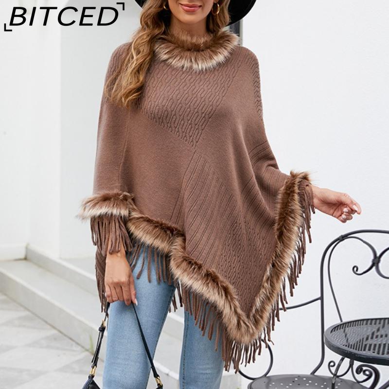 BITCED Knitted Fringe Cape for Women - Autumn/Winter Solid Colour Oversized Pullover Shawl Coat