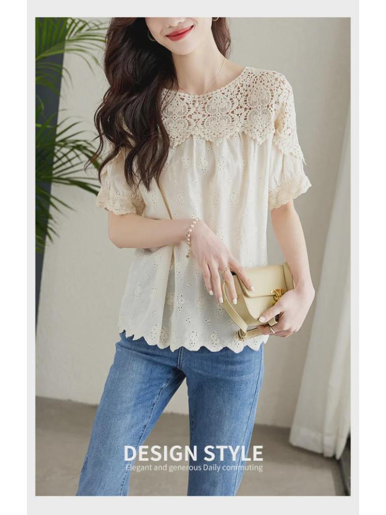 Apricot Lace Women's Long Sleeve Hollow Shirt – 2025 Spring Chic Cotton Design