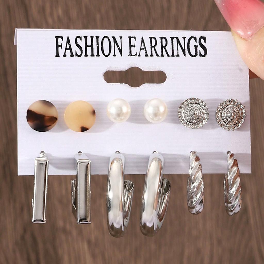 European and American style metal earrings square geometric earrings retro imitation pearl earrings Hepburn style earrings set