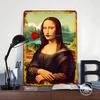 Mona Lisa With Rose Tin Plaque Poster Customized Wall Art Retro Vintage Metal Signs for Man Cave Office Decoration Room Decor