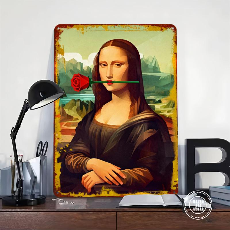 Mona Lisa With Rose Tin Plaque Poster Customized Wall Art Retro Vintage Metal Signs for Man Cave Office Decoration Room Decor