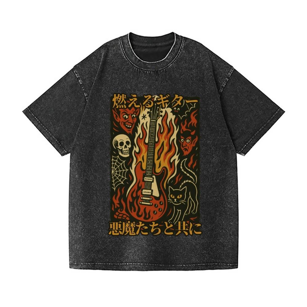

Halloween Fashion Summer Tees Vintage Flame Guitar Skull Wash Japanese Design T-Shirt Clothes Korean Gothic Tops S
