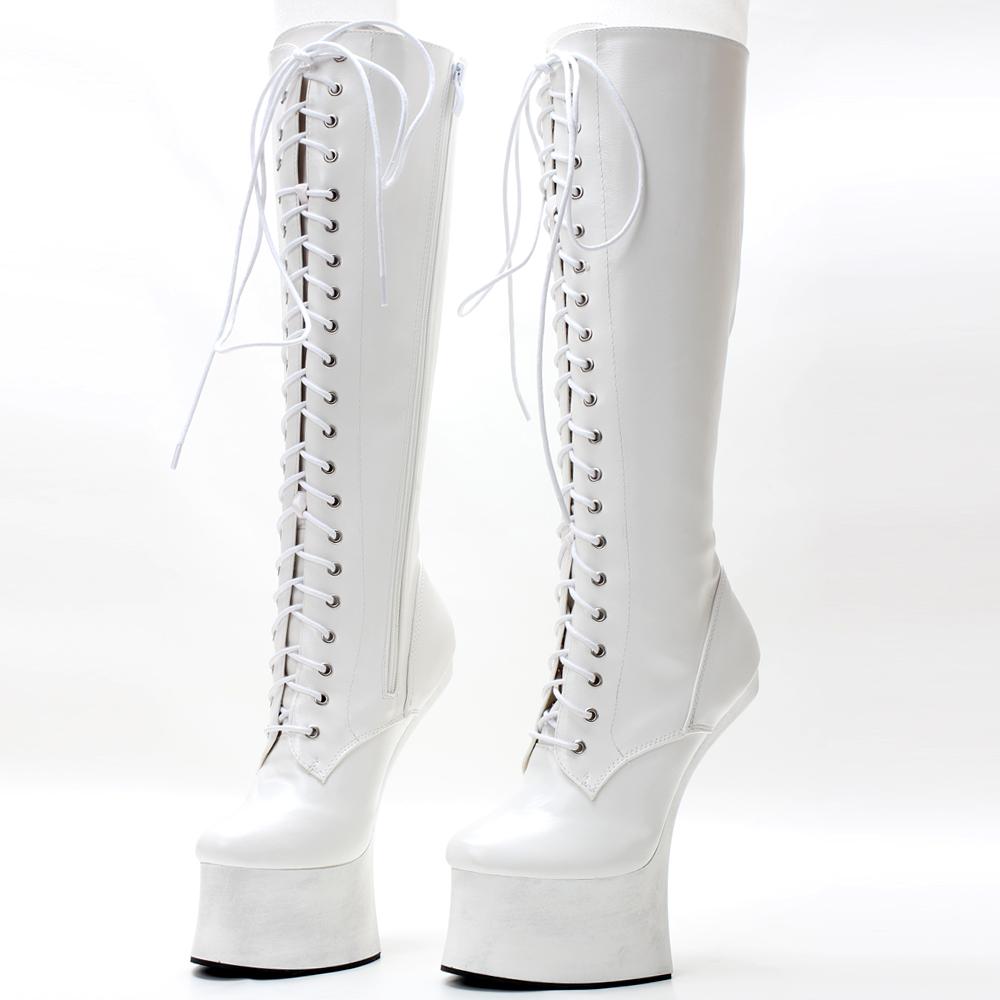 Fashion 15-17CM Women Knee High Boots,Fetish Hoof Heelless Platform Botas,Men Cosplay Pole Dance Shoes,Lace-up,Black,White,Custom Colors
