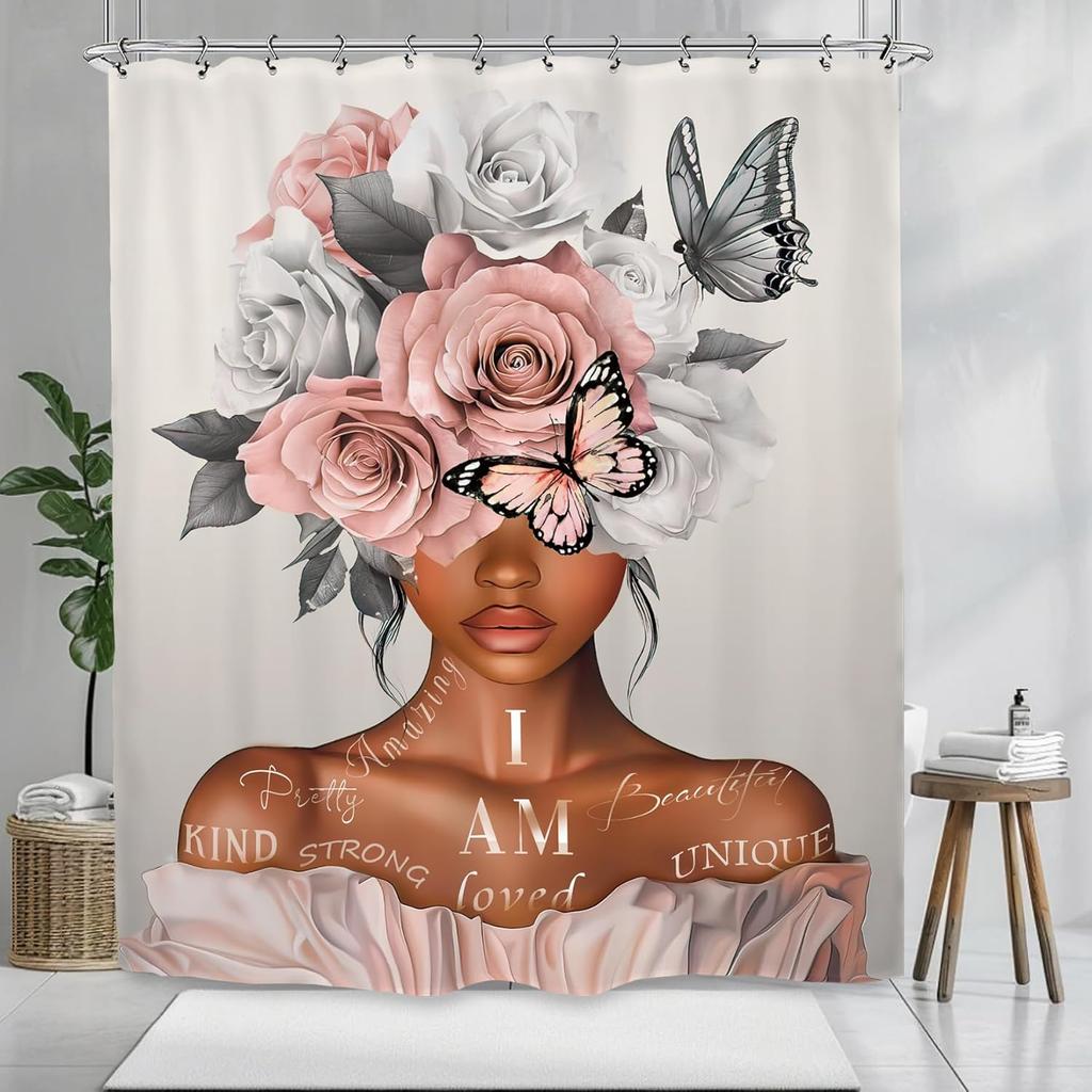 African American Olive Green Shower Curtain Black Girl Flower Oil Painting Art Bathroom Accessories Decoration with 12 Hooks