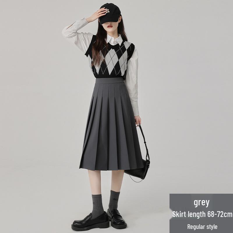 Gray Korean-Style High-Waisted Pleated Midi Skirt for Petite Women: Spring/Autumn A-Line Umbrella Design