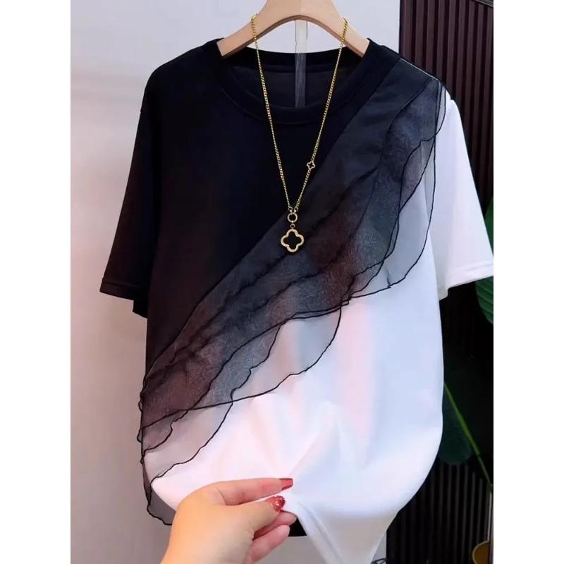 Summer Style Lace Patchwork Top Versatile Short Sleeves To Reduce Age