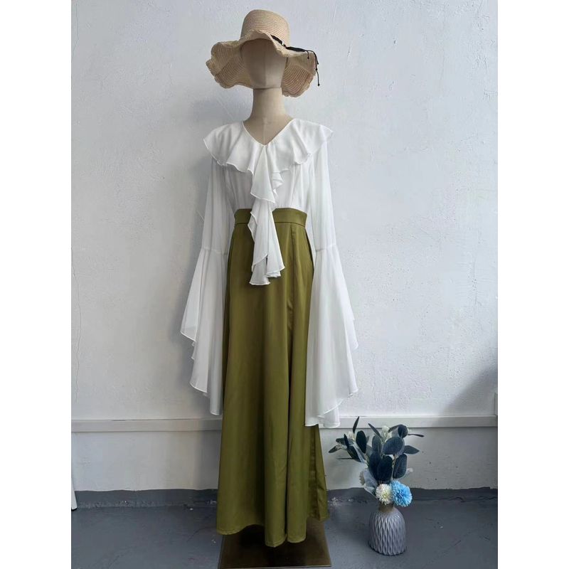 

Европейское и американское длинное платье-футляр с рукавами-лепестками лотоса, милое лоскутное, приталенное, платье для сна с рукавами-лепестками лотоса White + fruit Green S