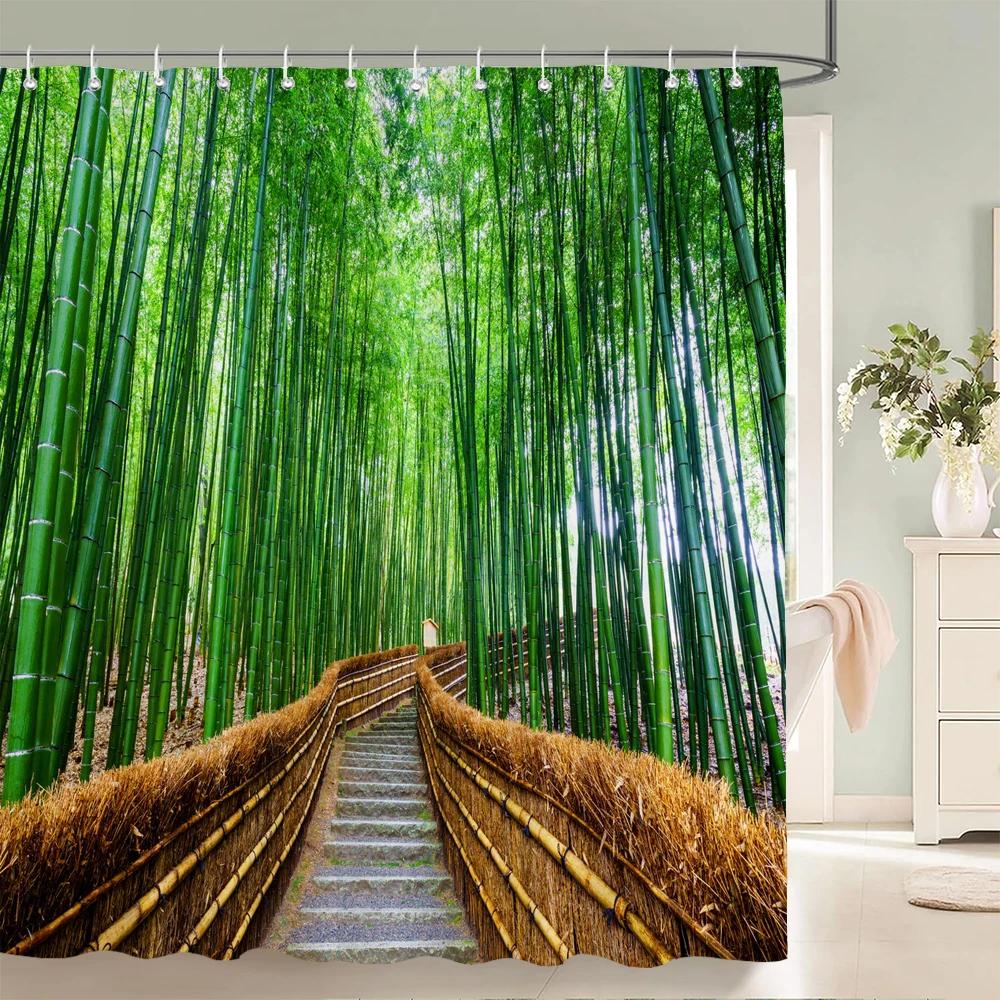 3D Green Bamboo Forest Bamboo Printing Bathroom Shower Curtain Polyester Waterproof and Mildew Proof Home Decoration Curtain