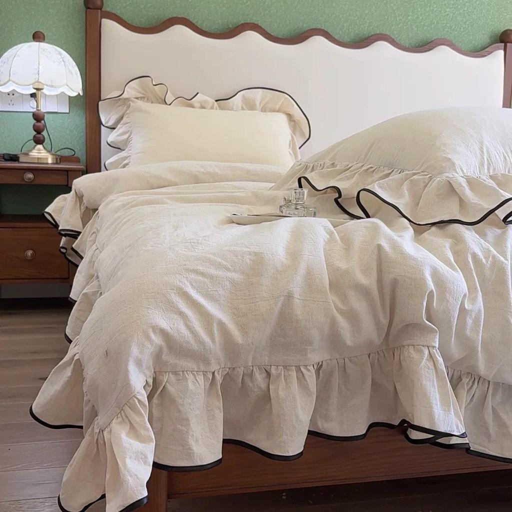 French Large Lace Cotton & Linen 4-Piece Set: Soft, Skin-Friendly Solid Color Bedding with Fitted Sheet