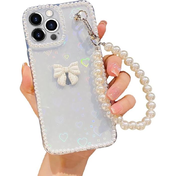 Omio Compatible with iPhone 16 Pro Max Case with Hand Strap 3D Handmade Bow Pearl Bracelet Clear Laser Holographic Heart Phone Glitter Case for Women iPhone 16 Pro Max
