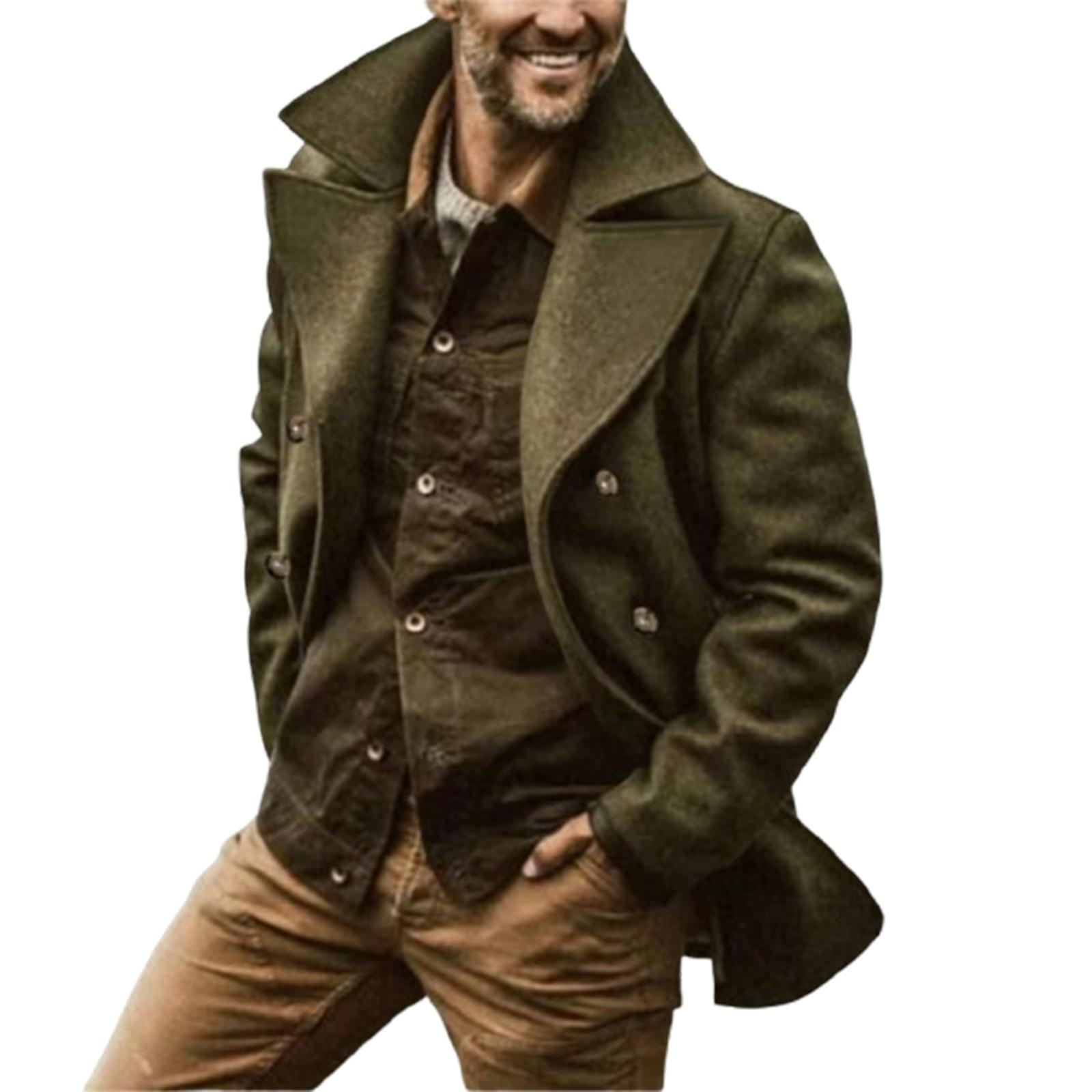 

Мужская повседневная теплая универсальная однотонная двубортная ветровка с лацканами XXXL зелёный