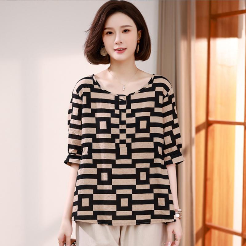 Retro Cotton and Linen Printed Half Sleeved T-shirt for Women's Elegant Summer Loose Fit Slimming and Western Style Fashion Top