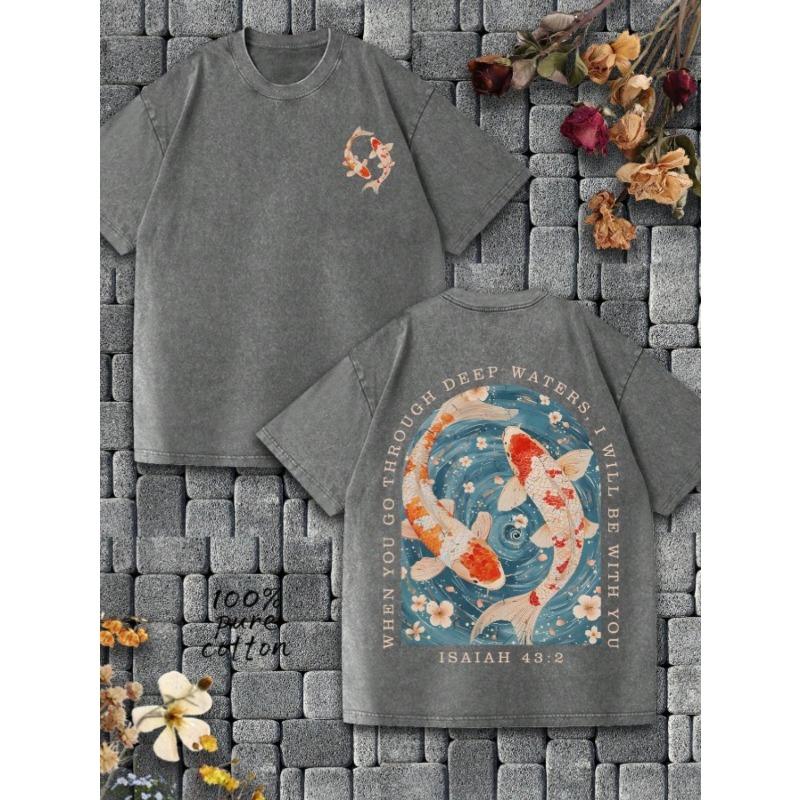 

Men s Washed Cotton Short-sleeved T-shirt Double-sided Printed Carp Pattern Bible Scripture ISAIAH 432 Retro Old Loose Casual Trend Summer Top 5XL сірий