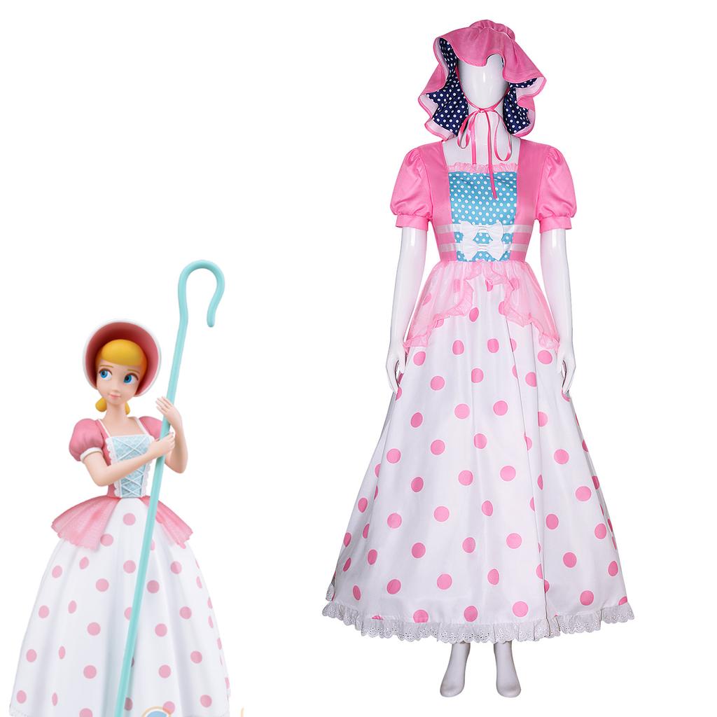 Anime Little Bo Peep Costume For Women, With Pink And Blue Bonnet Polka Dot Dress Halloween Costume For Girl