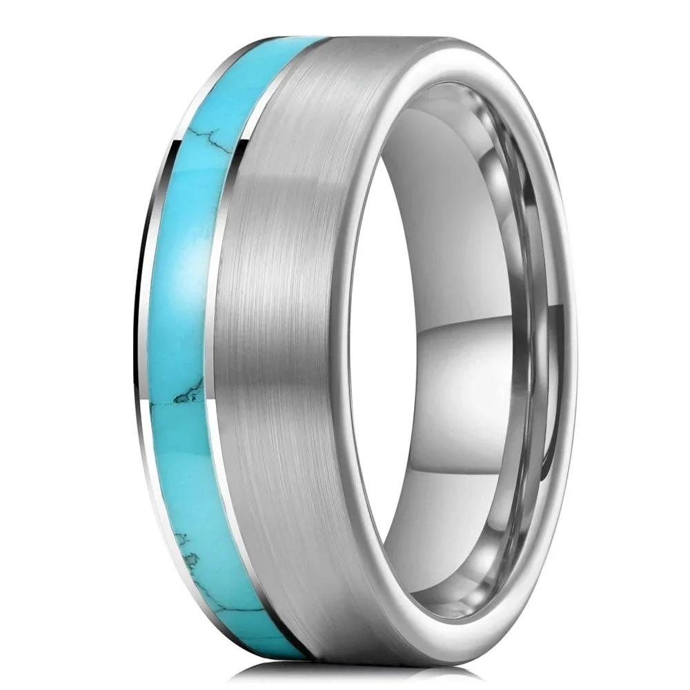 8mm Men Silver Color Stainless Steel Ring Blue Turquoise Stone Inlaid Polished Flat Ring For Men Wedding Band Jewelry