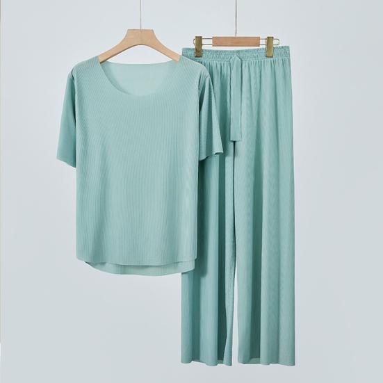 2Pcs/Set Summer Pajamas Set O-Neck Short Sleeve Tee Shirt Elastic Waist Long Pants Set Ice Silk Solid Color Sleepwear