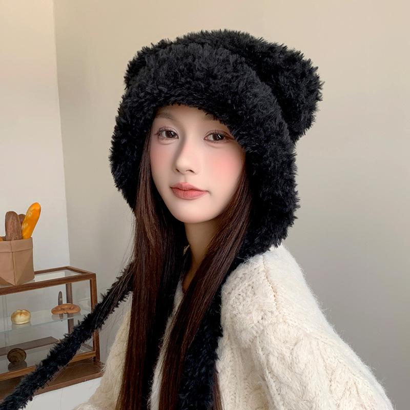 Autumn and Winter Plush Bear Knitted Hat Warm and Ear Protecting Cold Hat Japanese-style Large Head Knitted Hat Panda Element