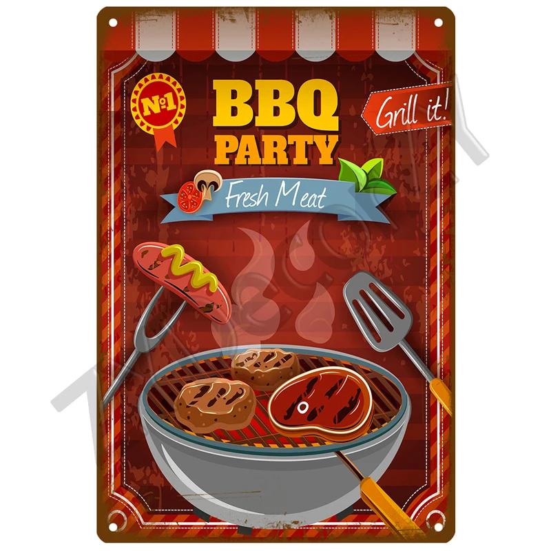 Retro BBQ Tin Sign - Vintage Wall Posters & Metal Decor - Decorative Wall Plate for Kitchens, Patios & Barbecue Themed Spaces
