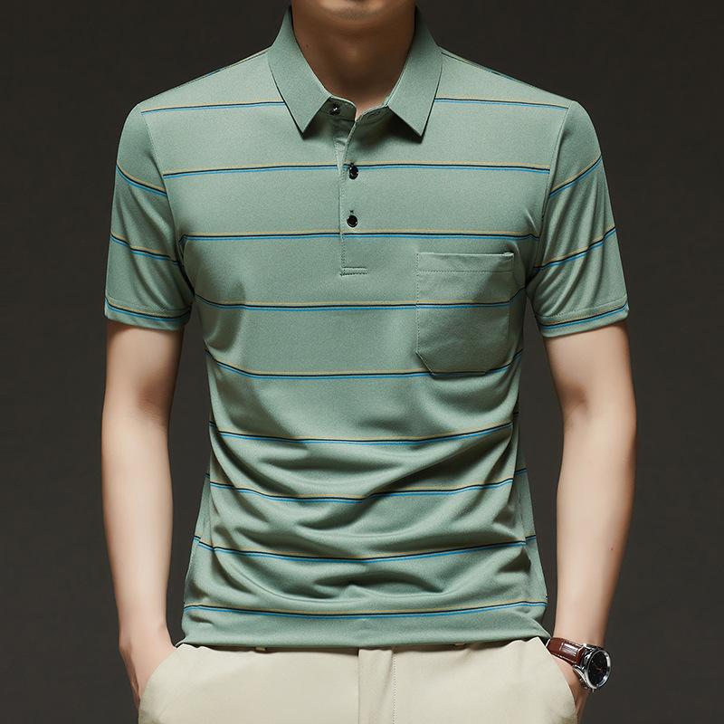 Ice Silk Short-Sleeved T-Shirt Men'S Mid-Lapel Collar Striped Printed Thin High-Elastic Polo Shirt Men'S