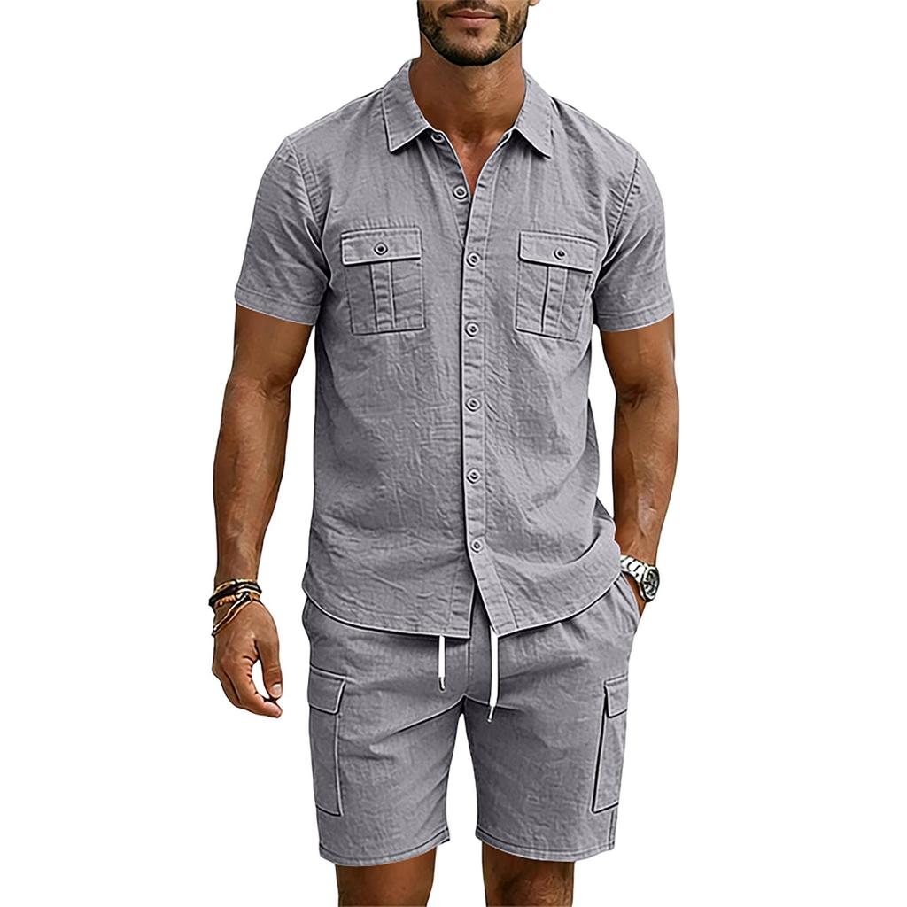 Men's Summer Linen Short Sleeve Shirt and Cargo Shorts Set Casual Lightweight Breathable Multi Pocket Two Piece Outfit