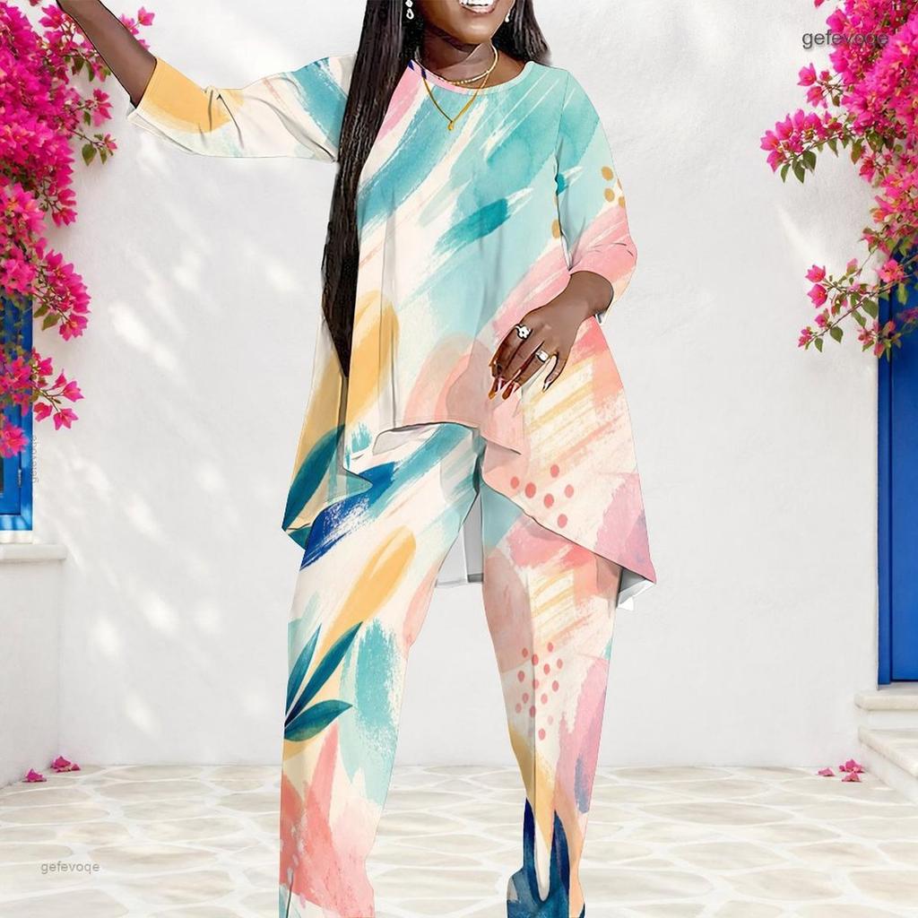Women Plus Size Round Neck Printed Long Sleeve Layered Top Long Pants Two Piece Set