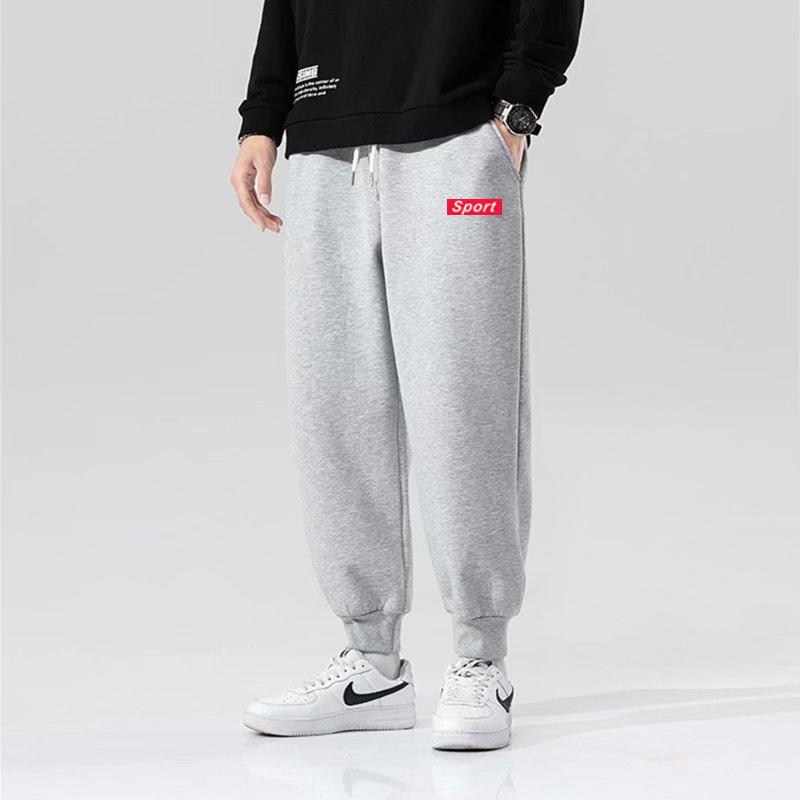 Casual sweatpants men's autumn and winter new large size tied feet thickened trendy printed velvet pants