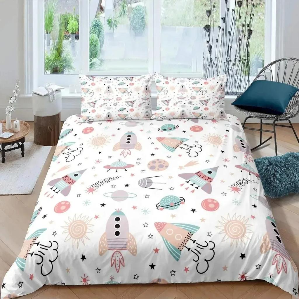 Rocket Duvet Cover Set King Size Spaceship Bedding Set Twin Microfiber Outer Space Galaxy Stars Planet Cartoon Style Quilt Cover